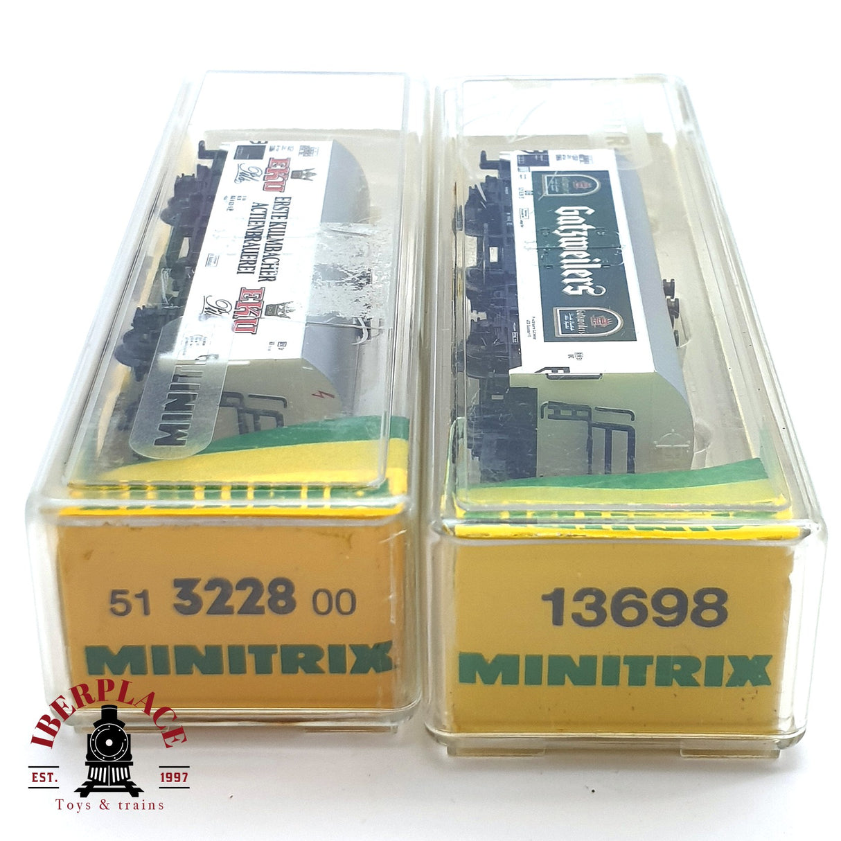 ♻️ 2da mano - 2x Minitrix vagones cerveceros EKU Pils Gatzweilers N escala 1:160 E16