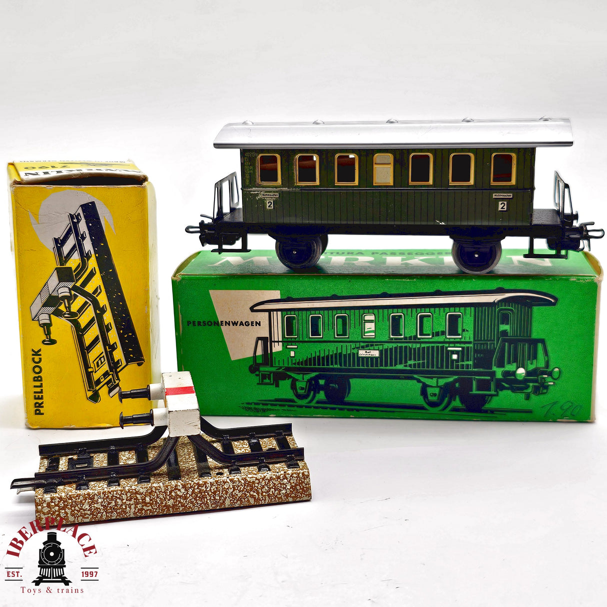 ♻️ 2da mano - 2x Märklin 4040 7190 vagon pasajeros + tope de vias tipo M H0 escala 1:87 E14