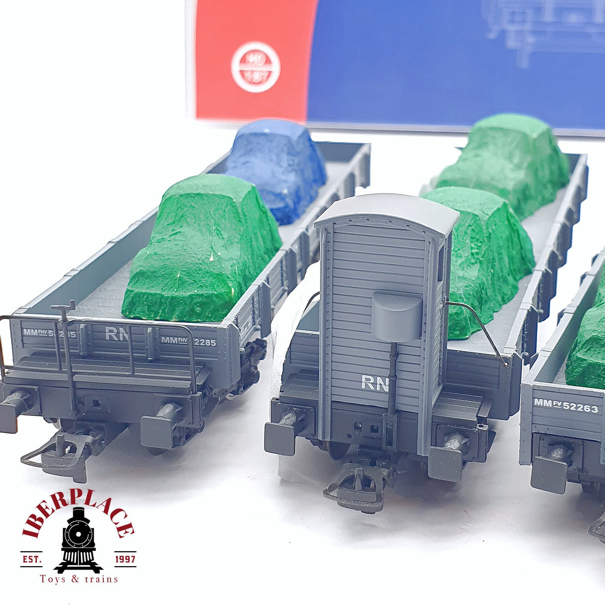 🆕 Mabar - 81403 Set de vagones plataforma MM borde bajo RENFE carga de coches con lona H0 escala 1:87