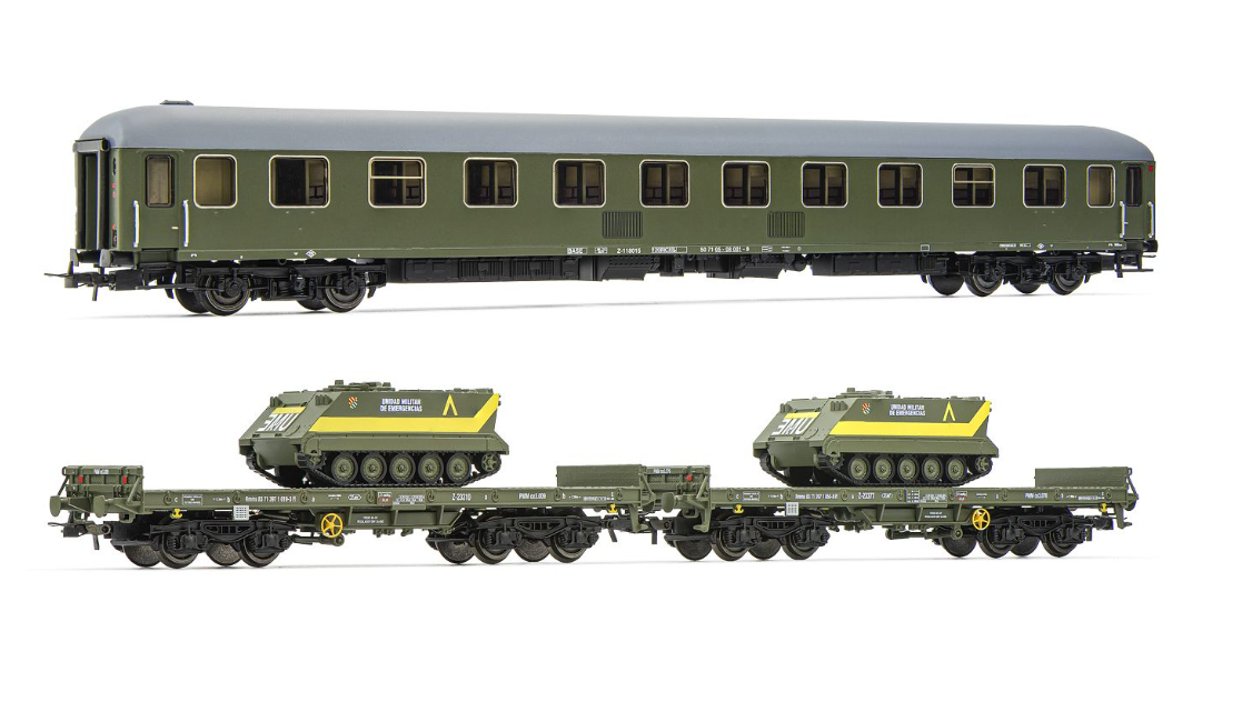 Electrotren HE4015 – Set 3 Unidades RENFE 12000 + 2 Vagones PMM-1 Verde Militar – 1:87 H0 escala DC/CC