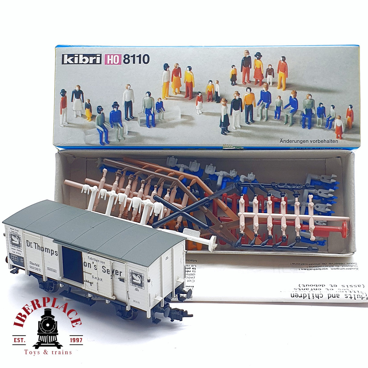♻️ 2da mano - DC Fleischmann Kibri vagón cerrado Thomps on's Seifenpulver + figuras personas H0 escala 1:87
