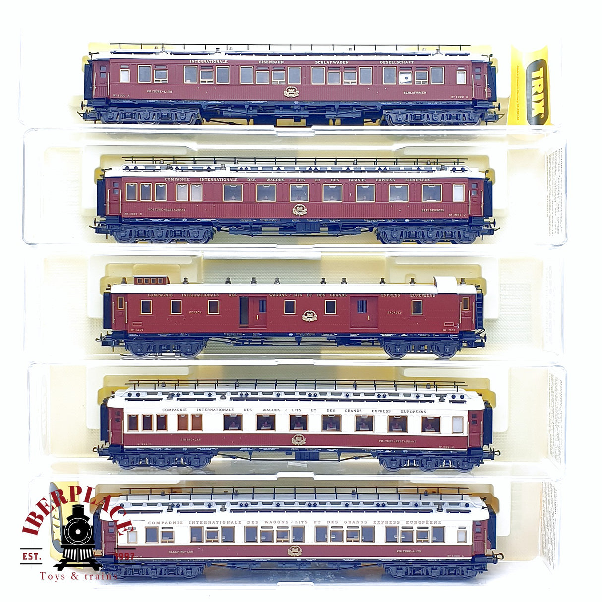 ♻️ 2da mano - AC Trix 5x vagones restaurante camas salón compañía internacional wagons Lits H0 escala 1:87