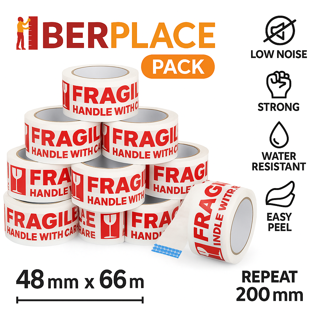 Iberplace Pack – Cinta adhesiva de embalaje “FRAGILE” | Variantes 1–72 rollos | Silenciosa, resistente y fácil de usar