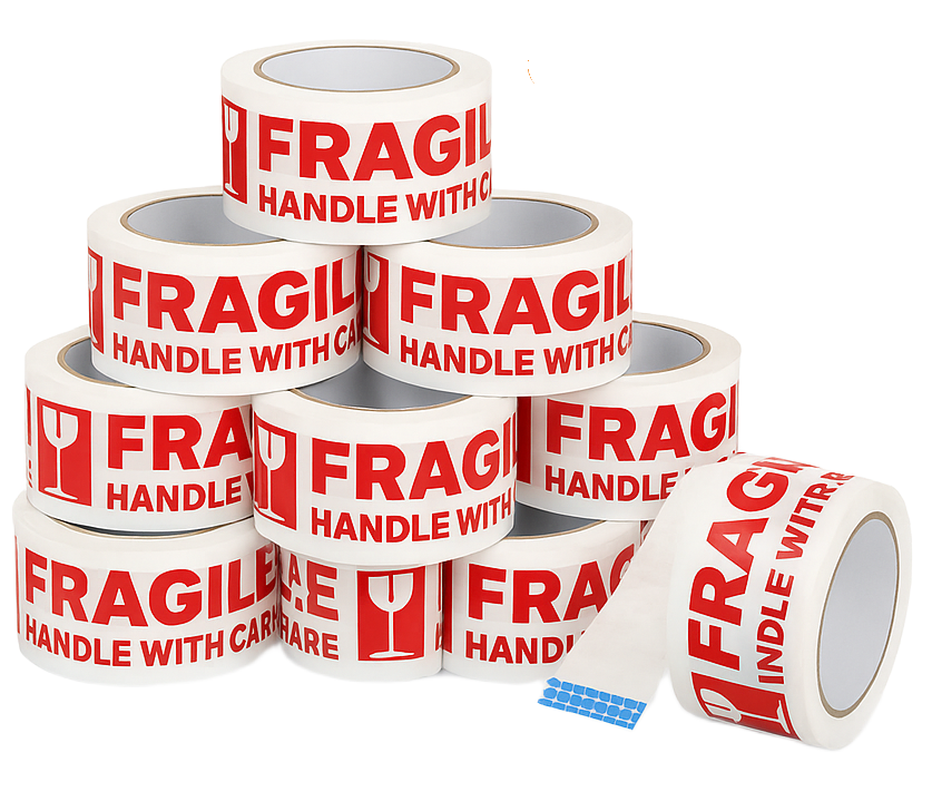 Iberplace Pack – Cinta adhesiva de embalaje “FRAGILE” | Variantes 1–72 rollos | Silenciosa, resistente y fácil de usar