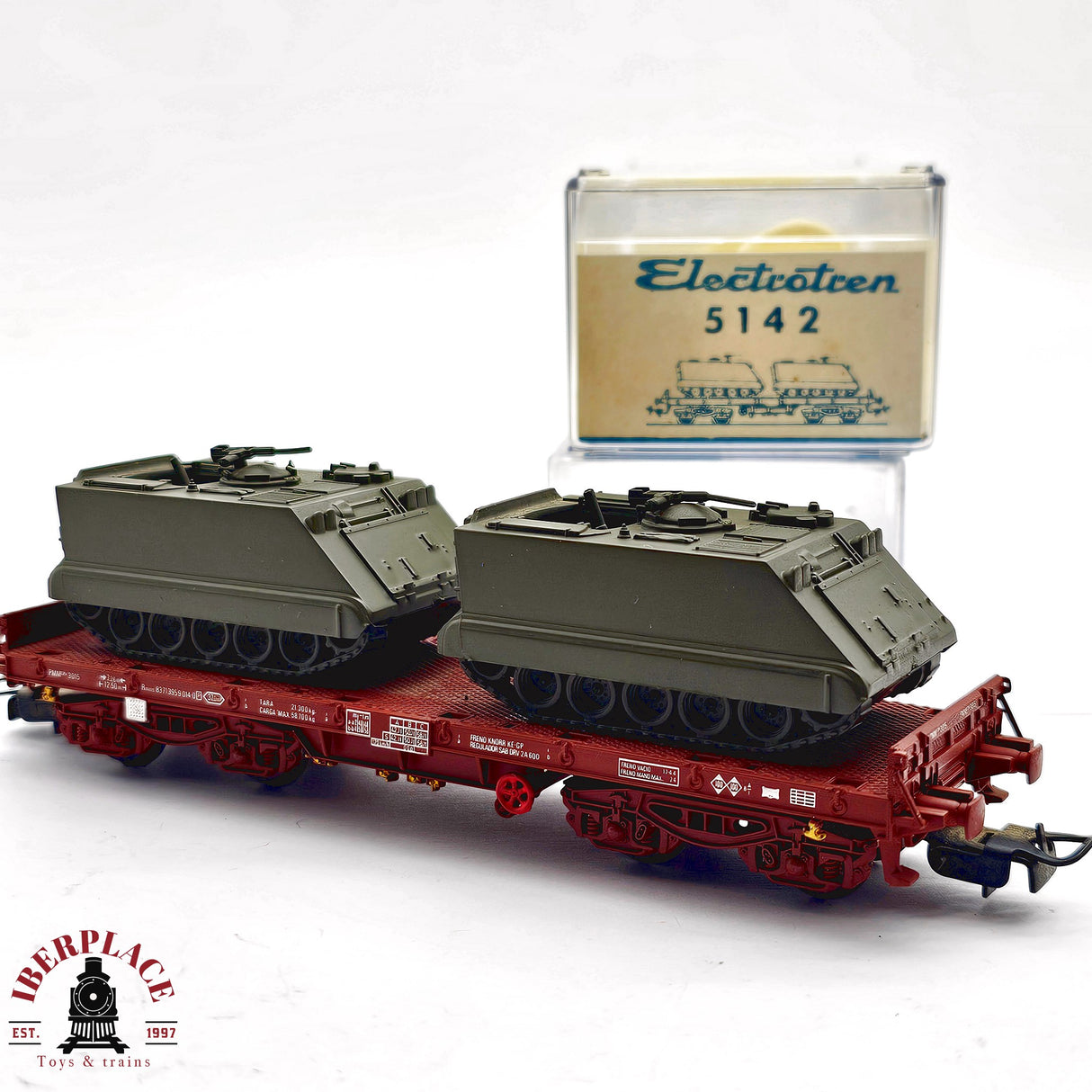 ♻️ 2da mano - Electrotren 5142 vagon plataforma vehículos militares H0 escala 1:87 A15