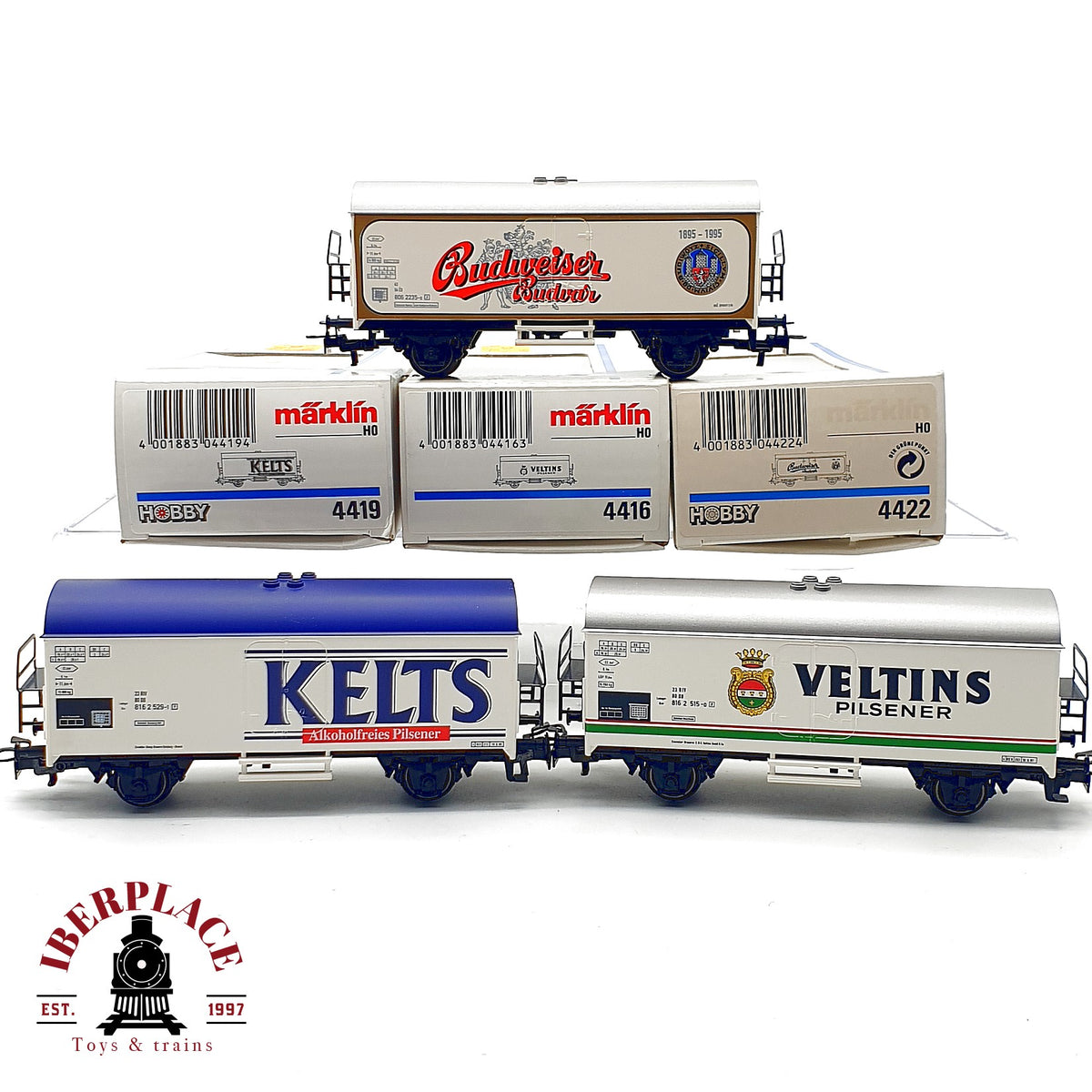 ♻️✨ Märklin 3x vagones cerveceros Budweiser Kelts Veltins 4419 4416 4422 Escala H0 1:87