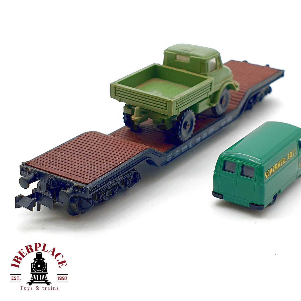 ♻️ 🚂 Roco Vagon plataforma rebajada DB Ep III Unimog furgoneta Schenker Escala N 1:160