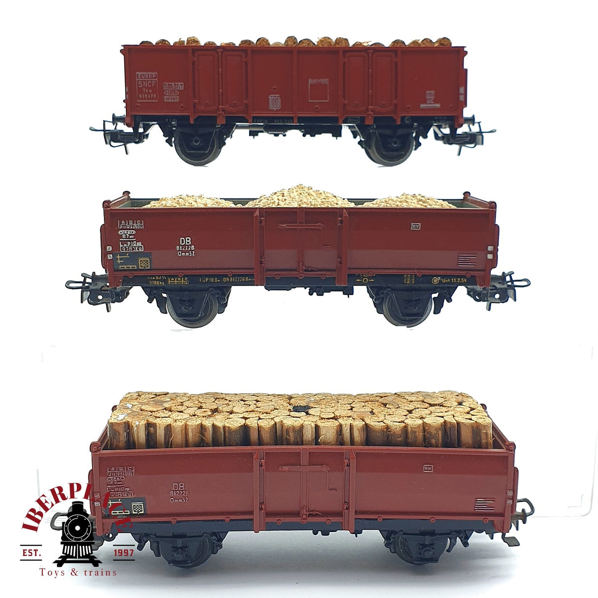 ♻️ 2da mano - Märklin 3x vagones abiertos con troncos de carga DB SNCF H0 escala 1:87 EH010