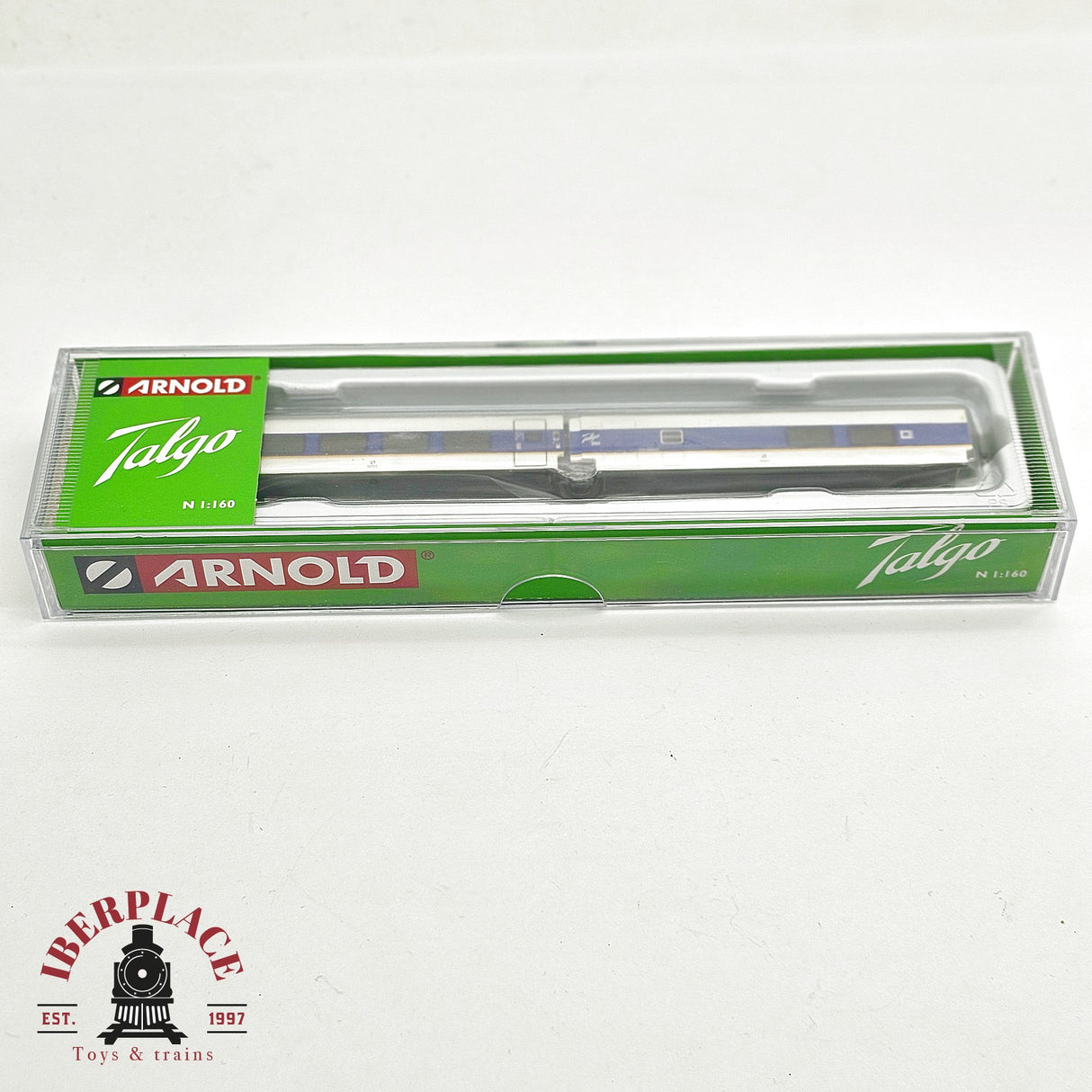 🧨 Liquidación – Arnold HN4463 Pack RENFE Talgo 200 – 2 Coches – Blanco/Azul Franja Amarilla – Ép. V – escala N 1:160