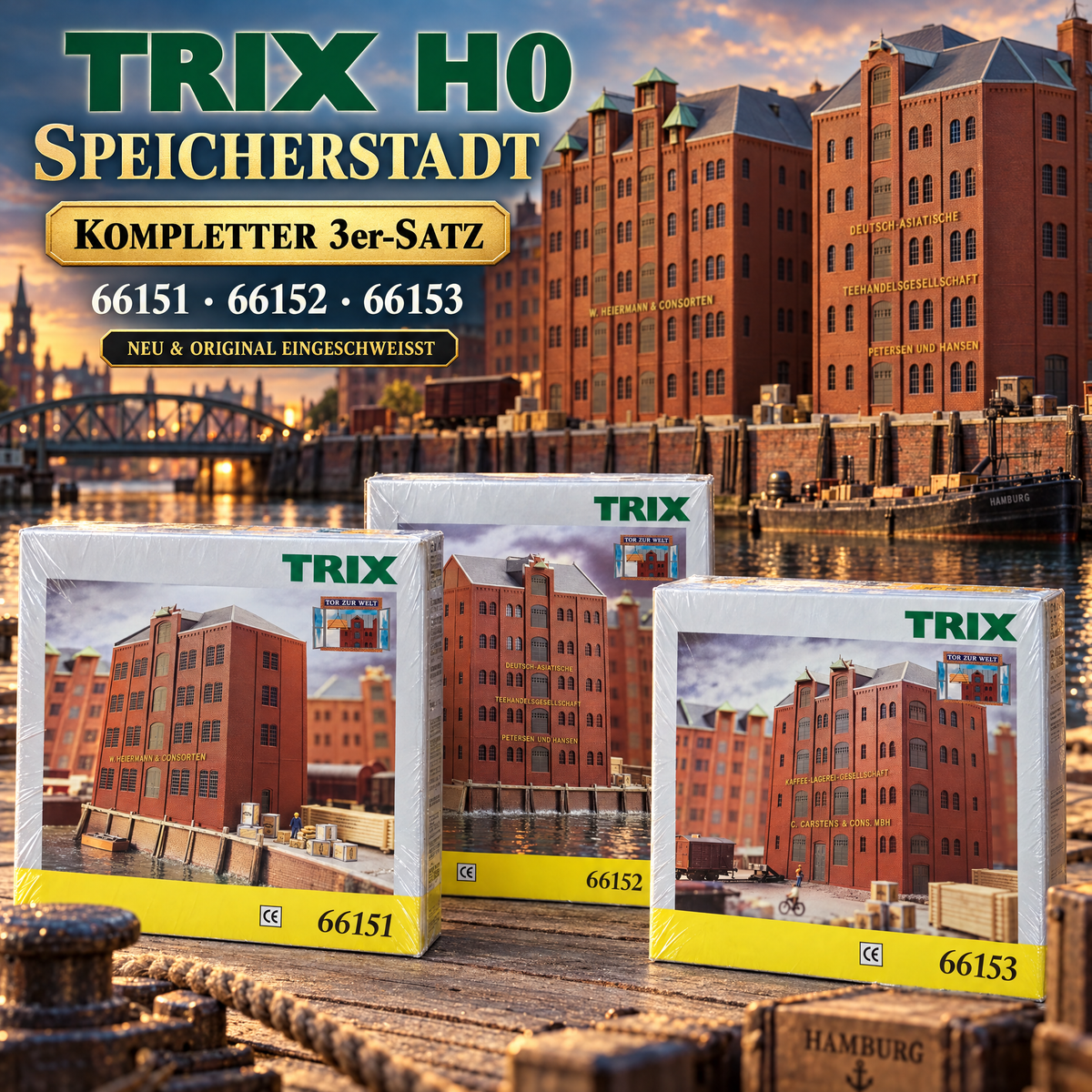 ♻️🔒TRIX 66151 + 66152 + 66153 – 3 kits Speicherstadt H0 1:87 – nuevos precintados