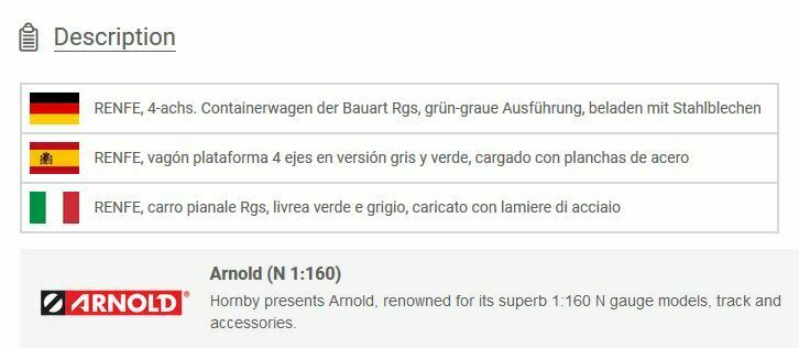 N 1:160 escala Arnold HN6406 vagón plataforma 4 ejes RENFE freight car trains