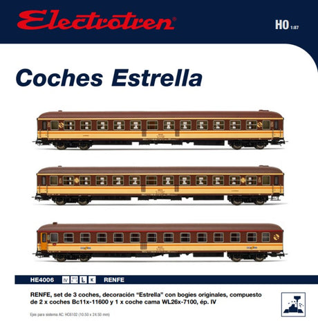 RENFE, set de 3 coches, decoración “Estrella” ép. IV H0 1:87