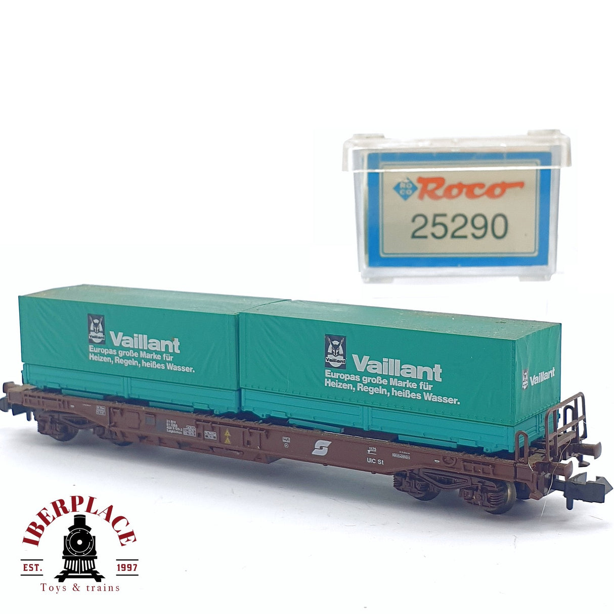 ♻️ 2da mano - Roco 25290 vagón plataforma con contenedor ÖBB Vaillant N escala 1:160