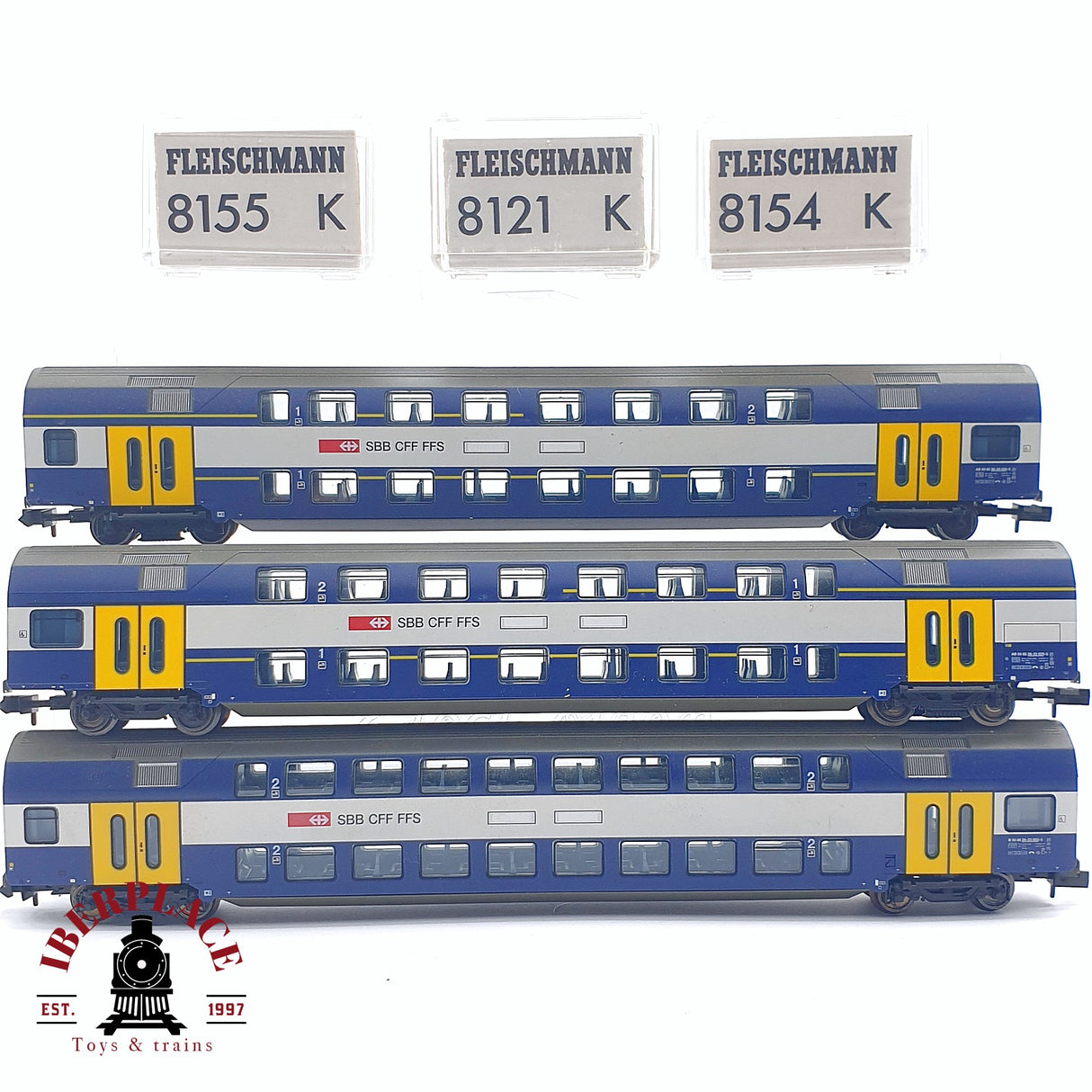 ♻️ 2da mano - 3x Fleischmann vagones pasajero de doble piso clase 1-2 SBB CFF N escala 1:160