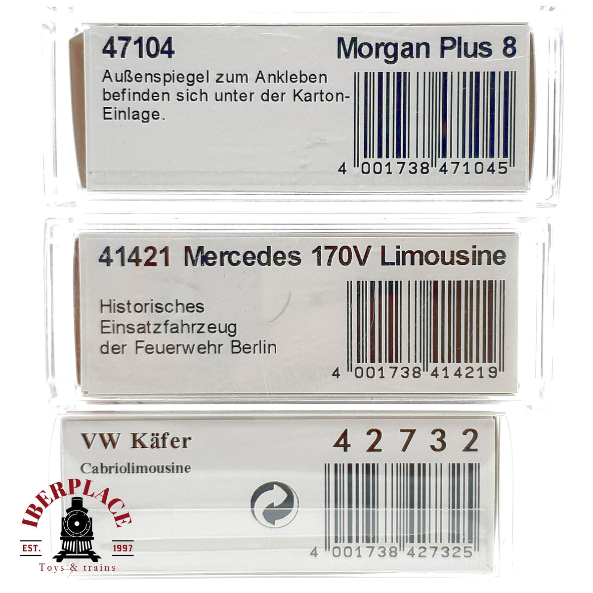 ♻️ 🚂 Busch 3x Coches Morgan Plus 8 Mercedes 170V VW Kafer 47104 41421 Escala H0 1:87