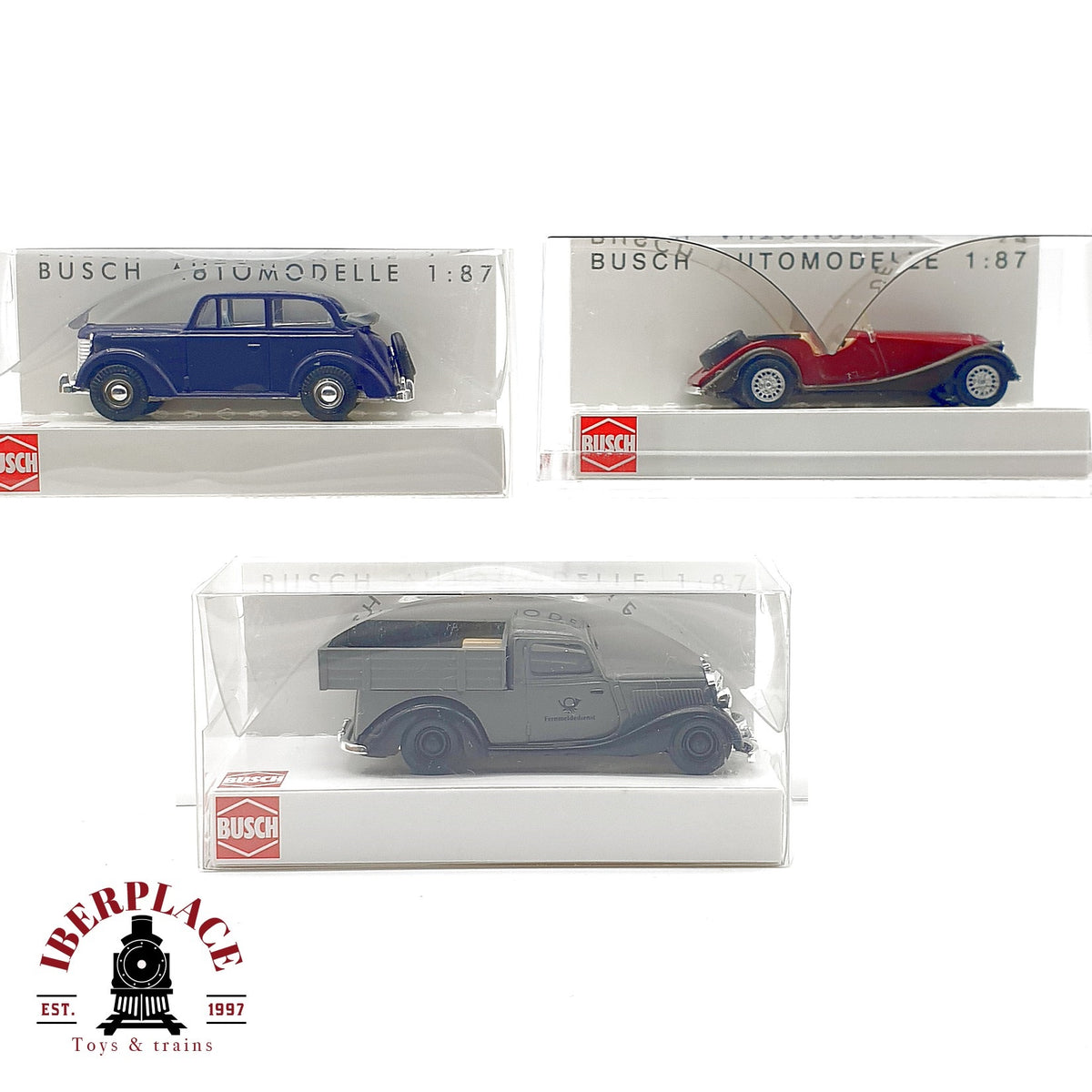 ♻️ 🚂 Busch 3x Coches Opel Olympia Mercedes Morgan plus 41110 41557 47104 Escala H0 1:87