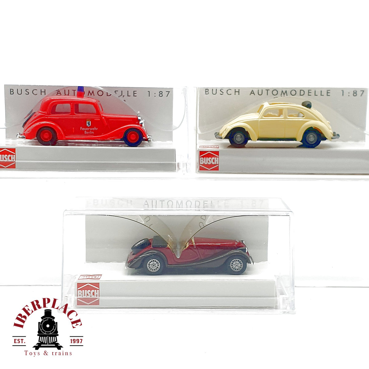 ♻️ 🚂 Busch 3x Coches Morgan Plus 8 Mercedes 170V VW Kafer 47104 41421 Escala H0 1:87