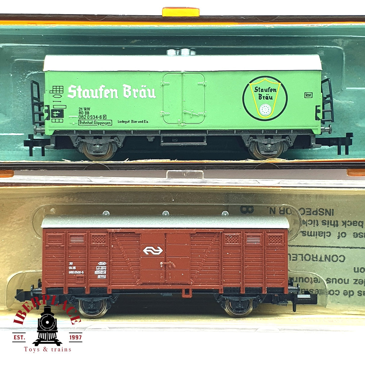 ♻️ 2da mano - 2x Roco vagones cerrados Staufen Bräu DB NS N escala 1:160 E16