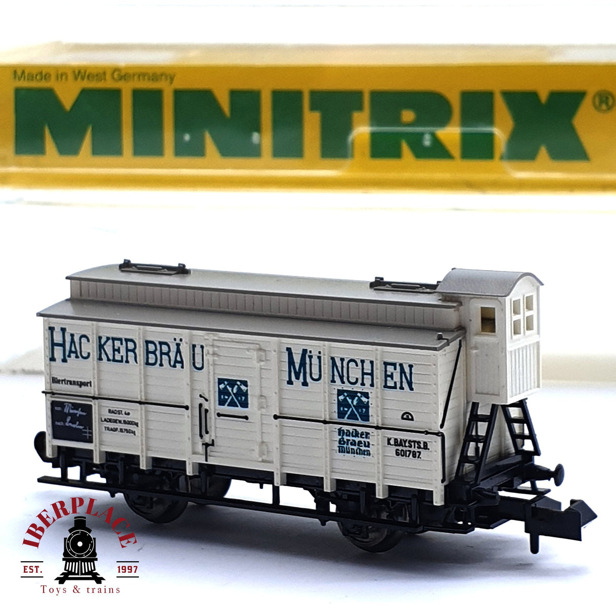♻️ 2da mano - Minitrix 51 3218 00 vagón cerrado con garita Hacker Bräu N escala 1:160 E16