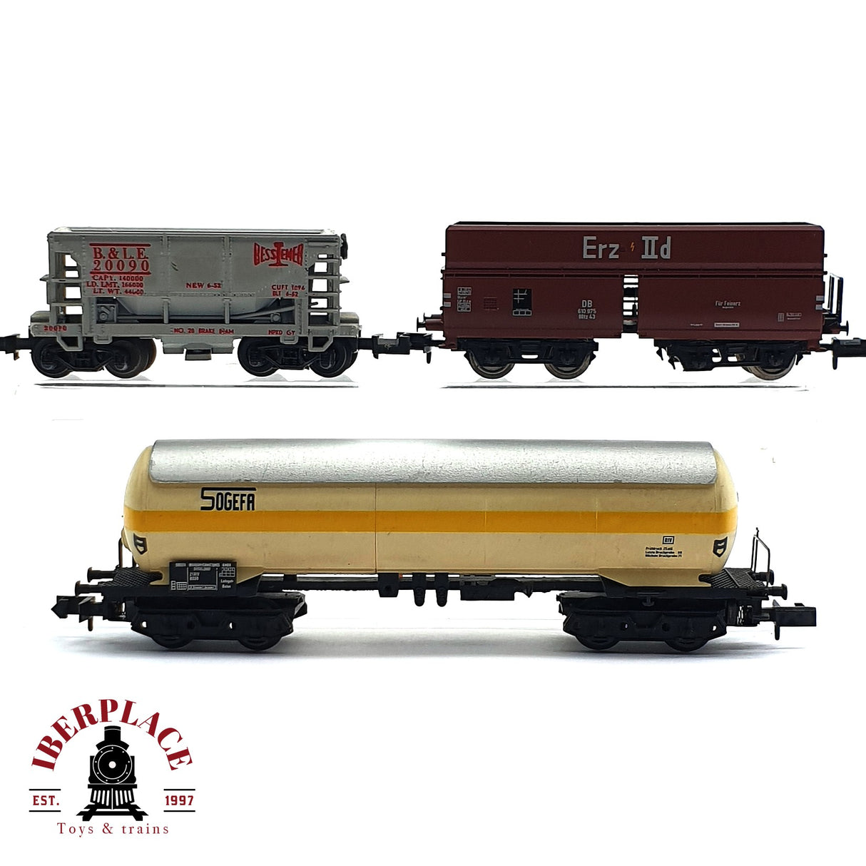 ♻️ 2da mano - 3x Arnold Minitrix vagones mercancias Sogefa  B&L 20090 N escala 1:160 E16
