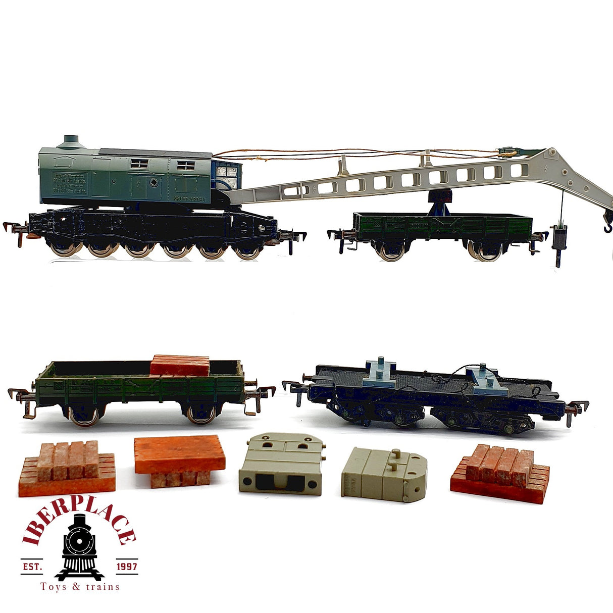 ♻️ Fleischmann vagón Grúa Krupp-Ardelt + Vagones Apoyo Accesorios 5597 DC H0 Escala 1:87