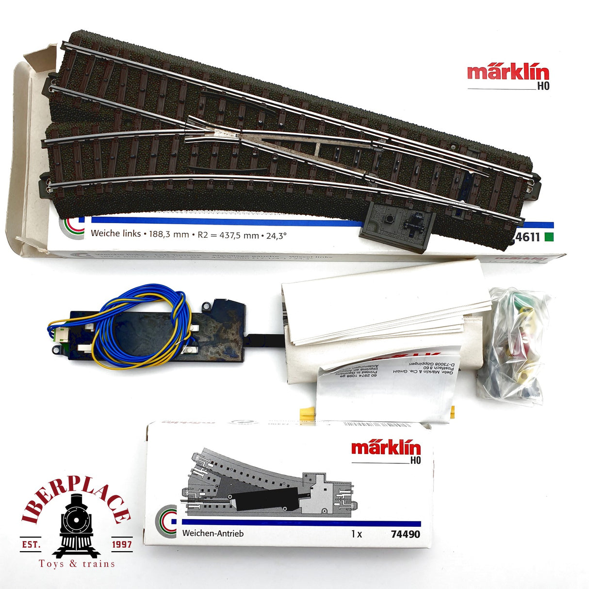 ♻️ Märklin 2x 24611 74490 Desvío a la izquierda y motor para desvío H0 escala 1:87 E20 3/4