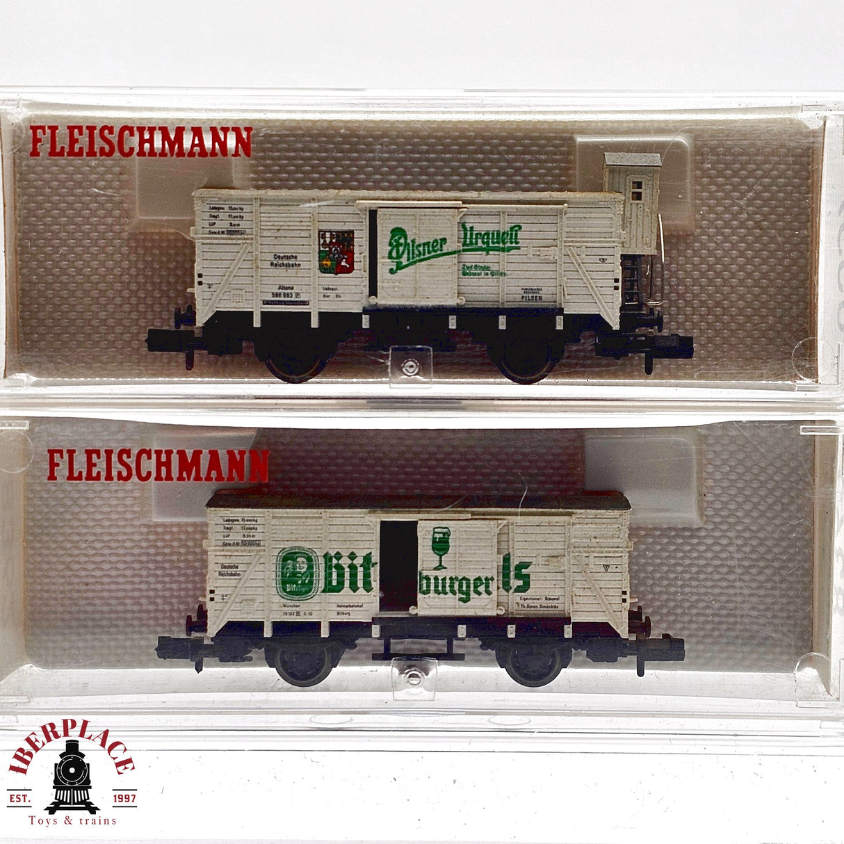 ♻️ 2da mano - Fleischmann 2x vagones cerrados Pilsner DR N escala 1:160 E13
