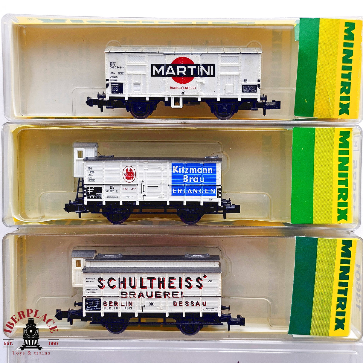 ♻️ 2da mano - Minitrix 3x vagones cerrados Martini Schultheiss Brauerei DB N escala 1:160 E13x
