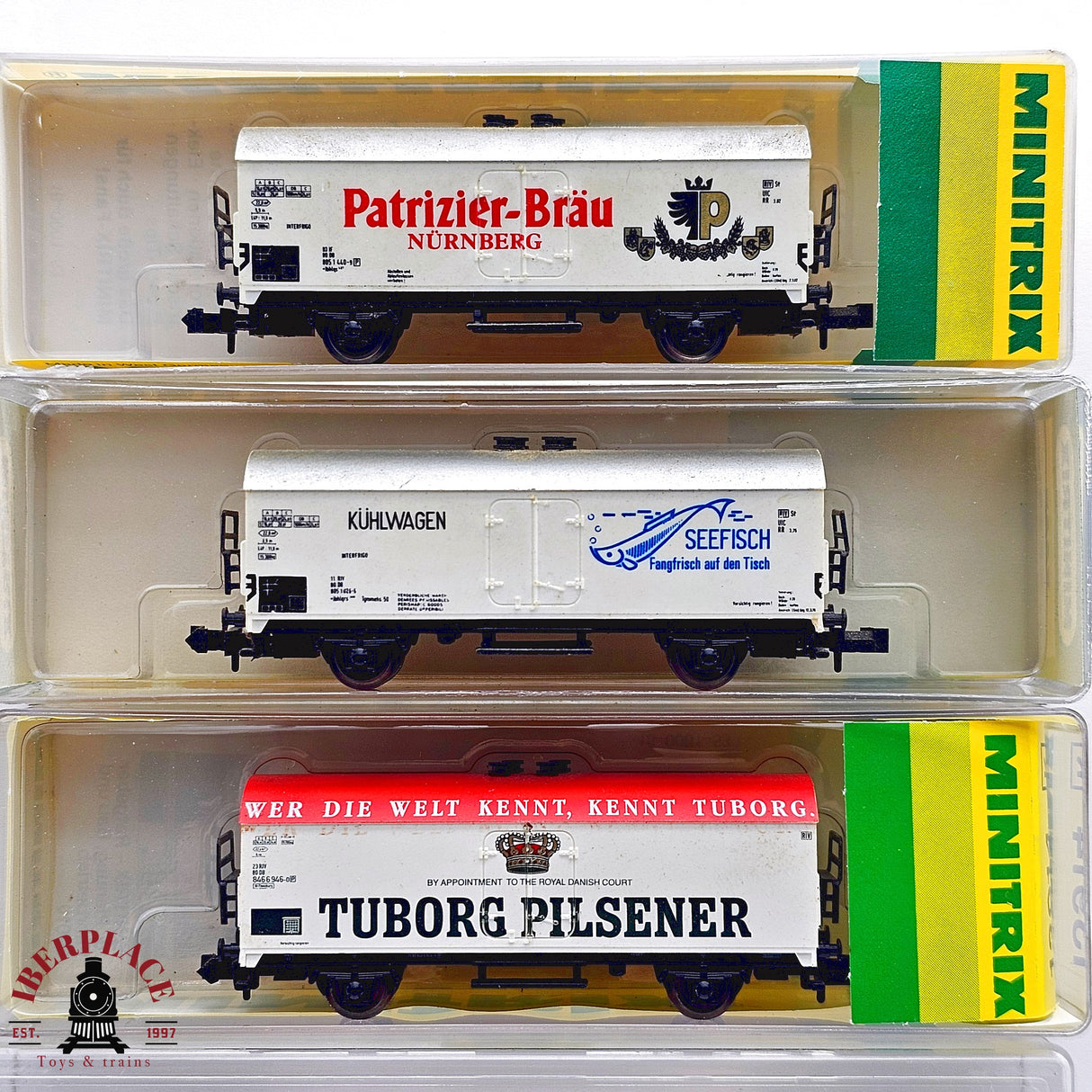 ♻️ 2da mano - Minitrix 3x vagones cerrados Patrizier Bräu Pilsener N escala 1:160 E13