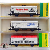 ♻️ 2da mano - Minitrix 3x vagones cerrados Patrizier Bräu Pilsener N escala 1:160 E13