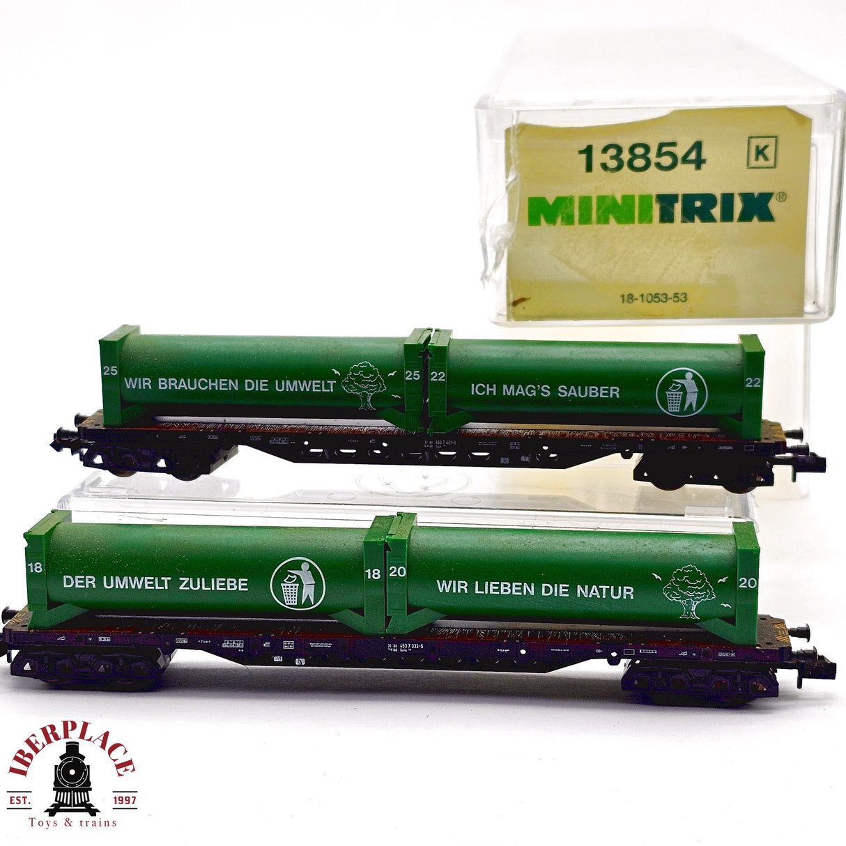♻️ 2da mano - Minitrix 13854 vagones plataforma contenedores DB N escala 1:160 E13