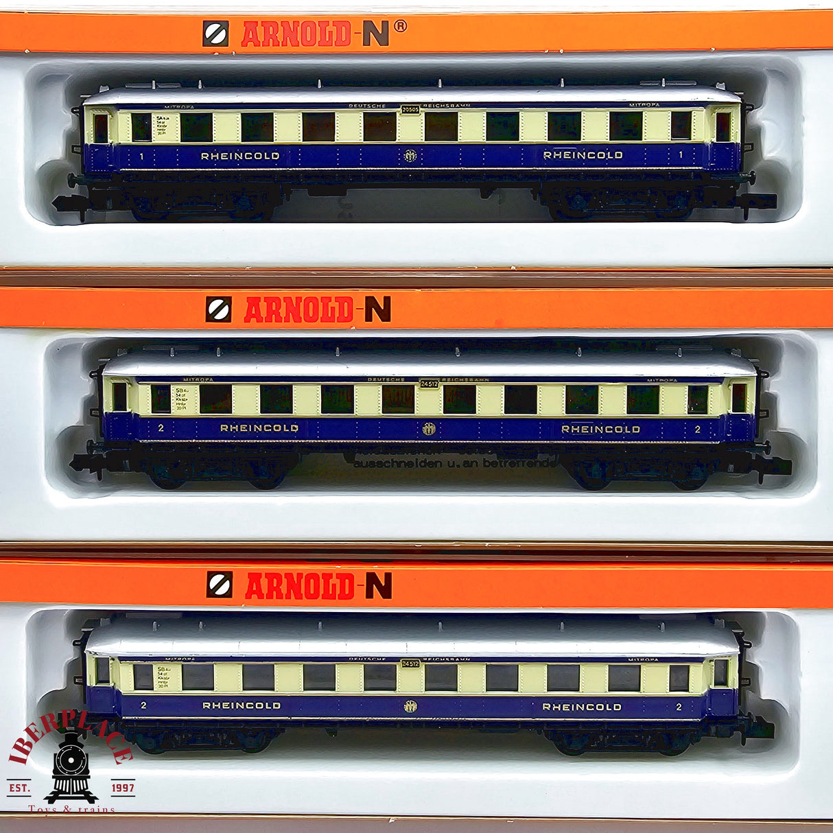 ♻️ 2da mano - Arnold 3x vagones pasajeros Rheingold Mitropa DRG N escala 1:160 E13