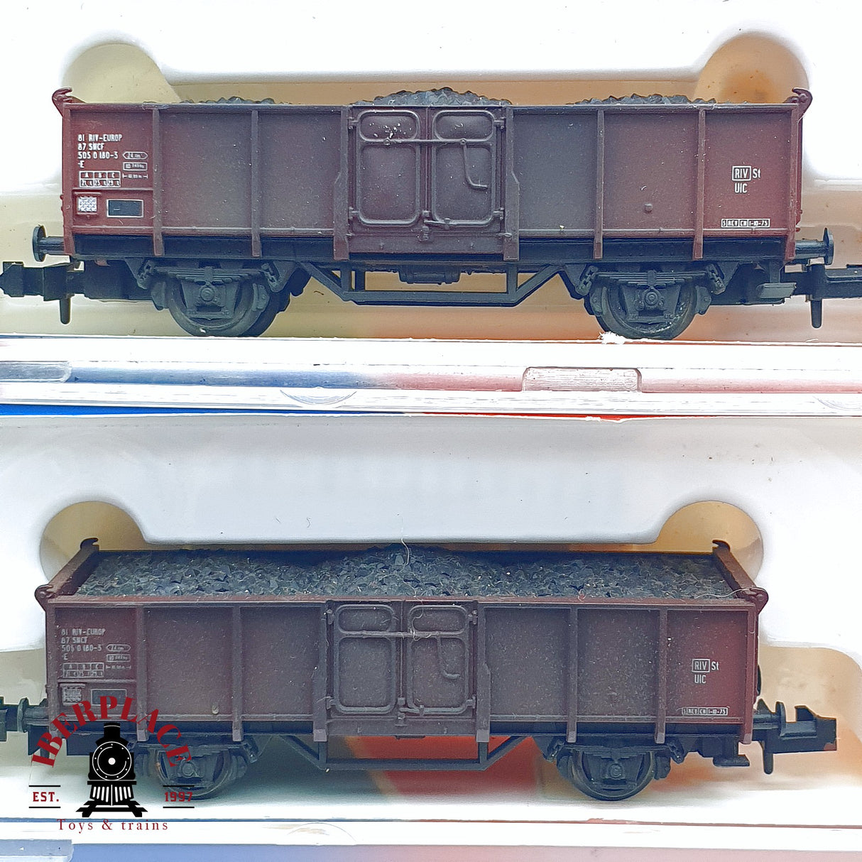 ♻️ 2da mano - Roco 2x 25086 vagones de borde alto con carbón EUROP SNCF N escala 1:160