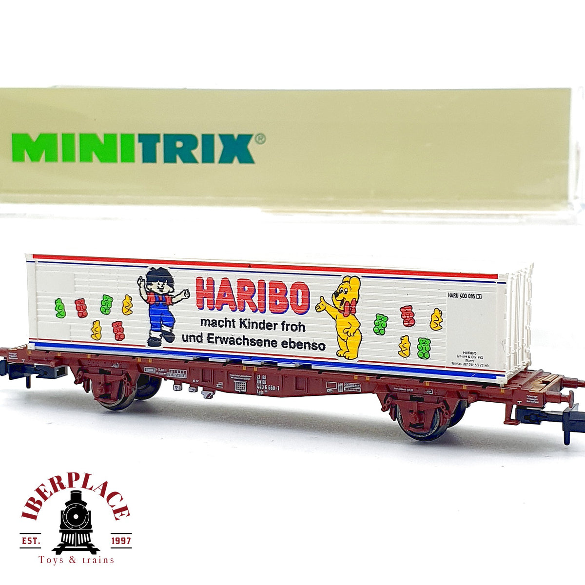 ♻️ Minitrix 13866 Vagon Portacontenedores Haribo DB Ep V escala N 1:160