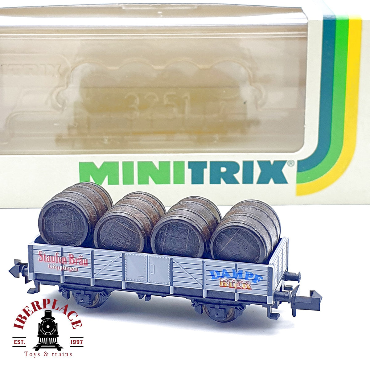 ♻️  Minitrix 13805 Vagon Bordes Altos Carga Toneles Staufen Brau DB Ep III escala N 1:160
