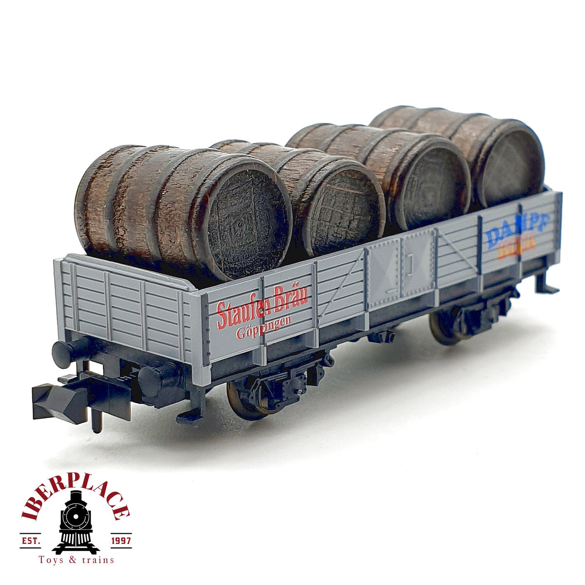 ♻️  Minitrix 13805 Vagon Bordes Altos Carga Toneles Staufen Brau DB Ep III escala N 1:160