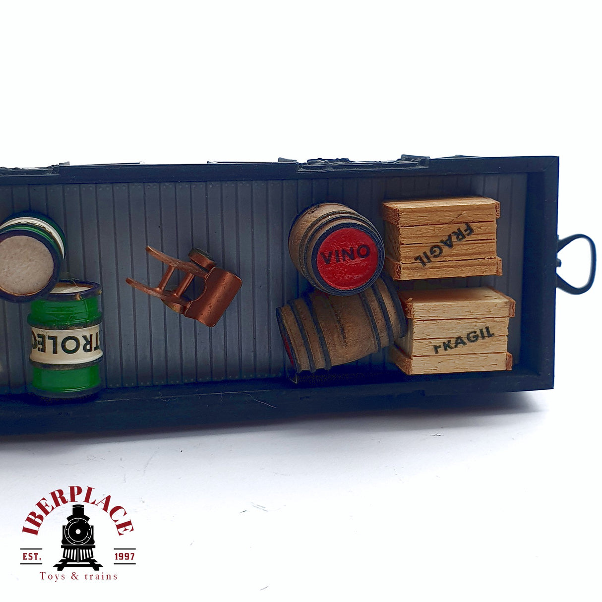 ♻️ 2da mano -  DC Electrotren vagón de bordes altos con carga bidones de petróleo RENFE H0 escala 1:87