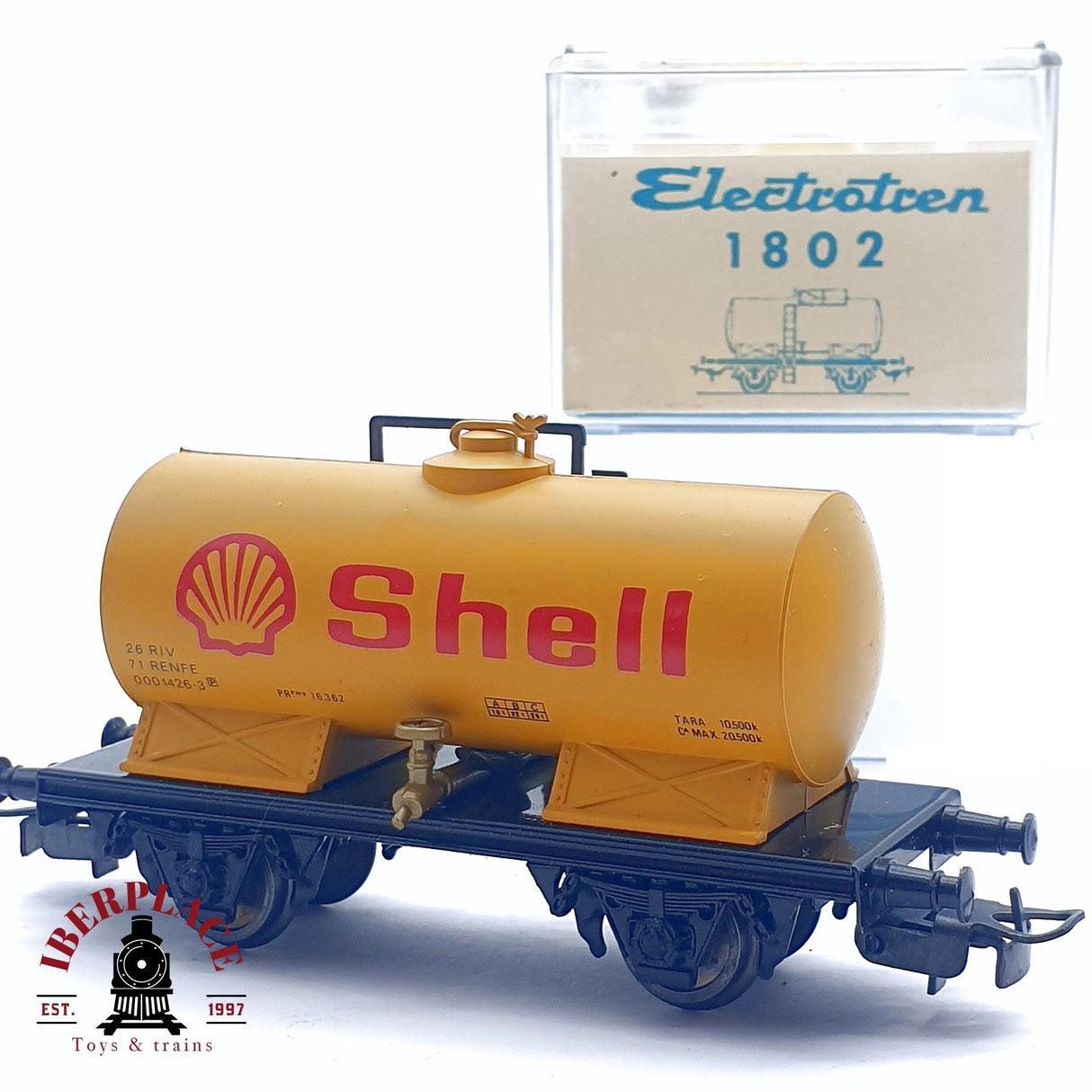 ♻️ 2da mano -  DC Electrotren 1802 vagón cisterna shell amarillo RENFE H0 escala 1:87