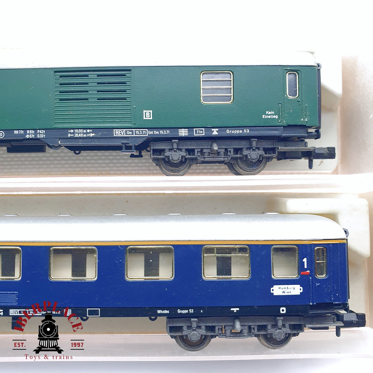 ♻️ 2da mano - 4x Fleischmann vagones pasajeros, equipajes, restaurante DB N escala 1:160