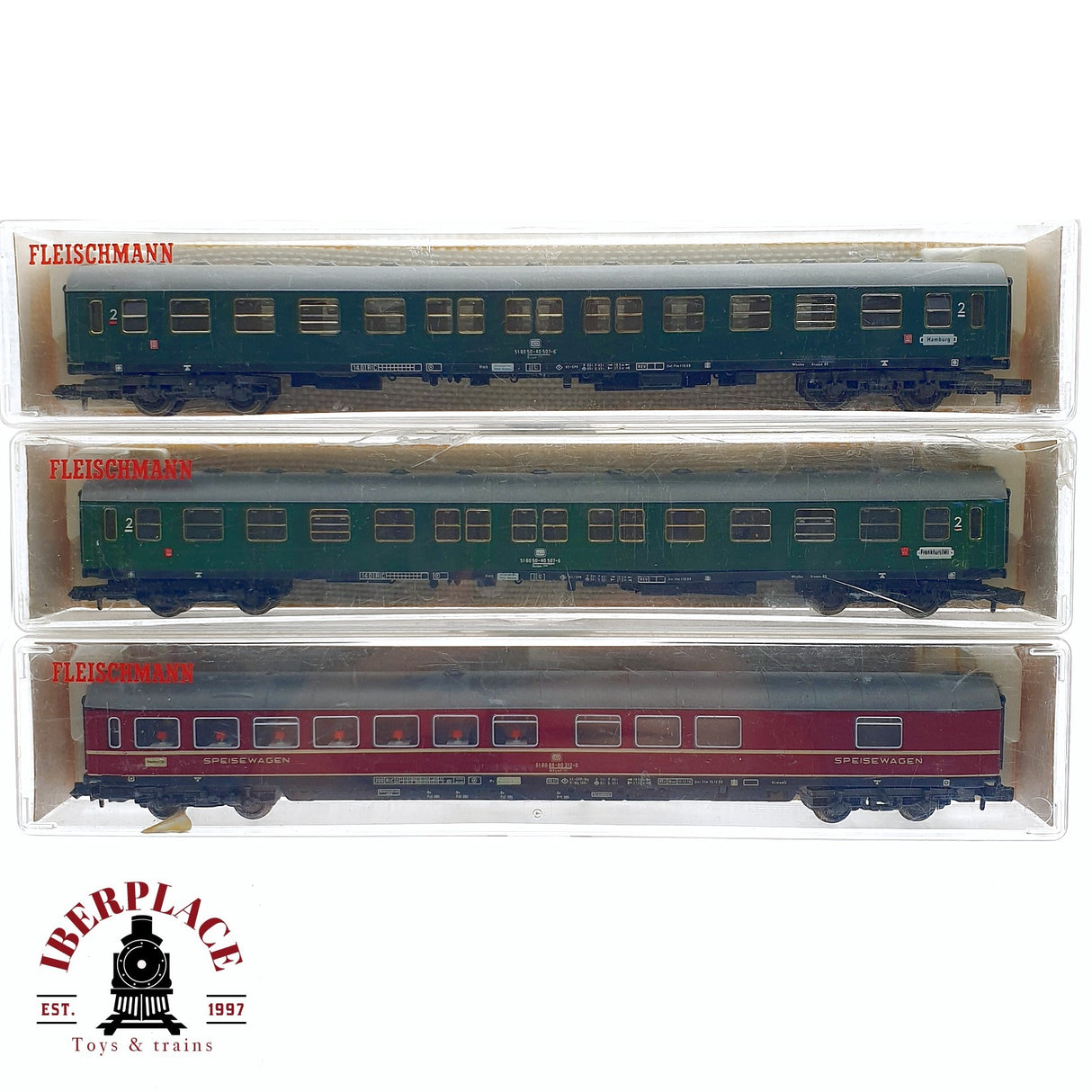 ♻️ 2da mano - 3x Fleischmann vagones pasajeros, restaurante DB 2da clase N escala 1:160
