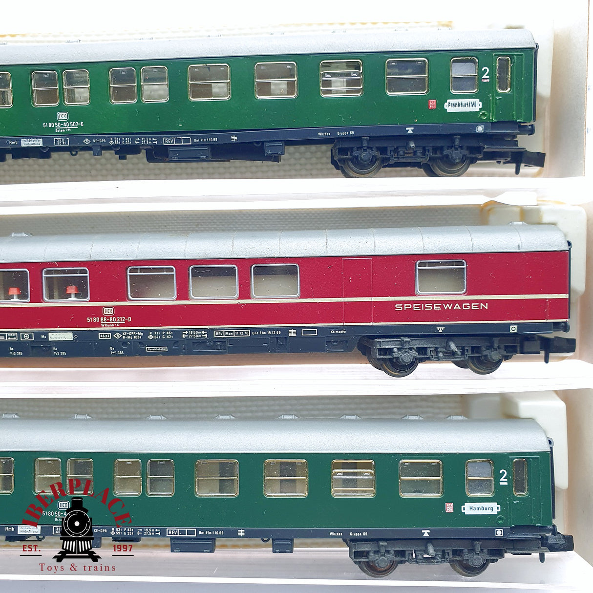 ♻️ 2da mano - 3x Fleischmann vagones pasajeros, restaurante DB 2da clase N escala 1:160