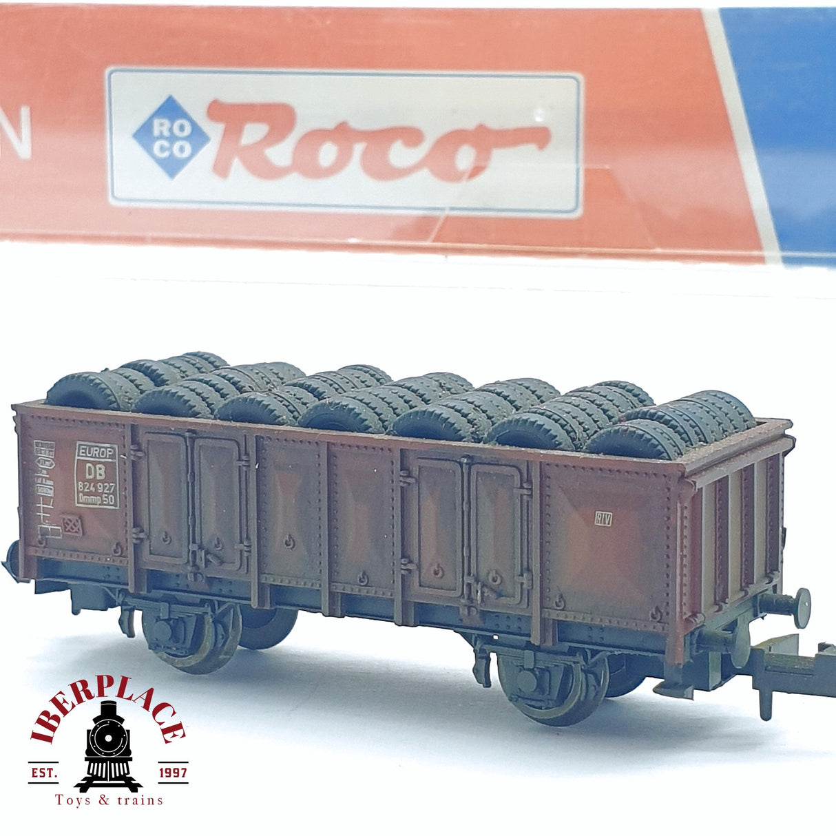 ♻️ 2da mano - Roco vagón de bordes alto con neumáticos de carga DB  N escala 1:160