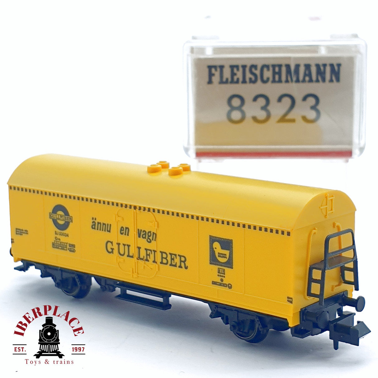 ♻️ 2da mano - Fleischmann 8323 vagón cerrado Gullfiber  SJ 53034 amarillo N escala 1:160