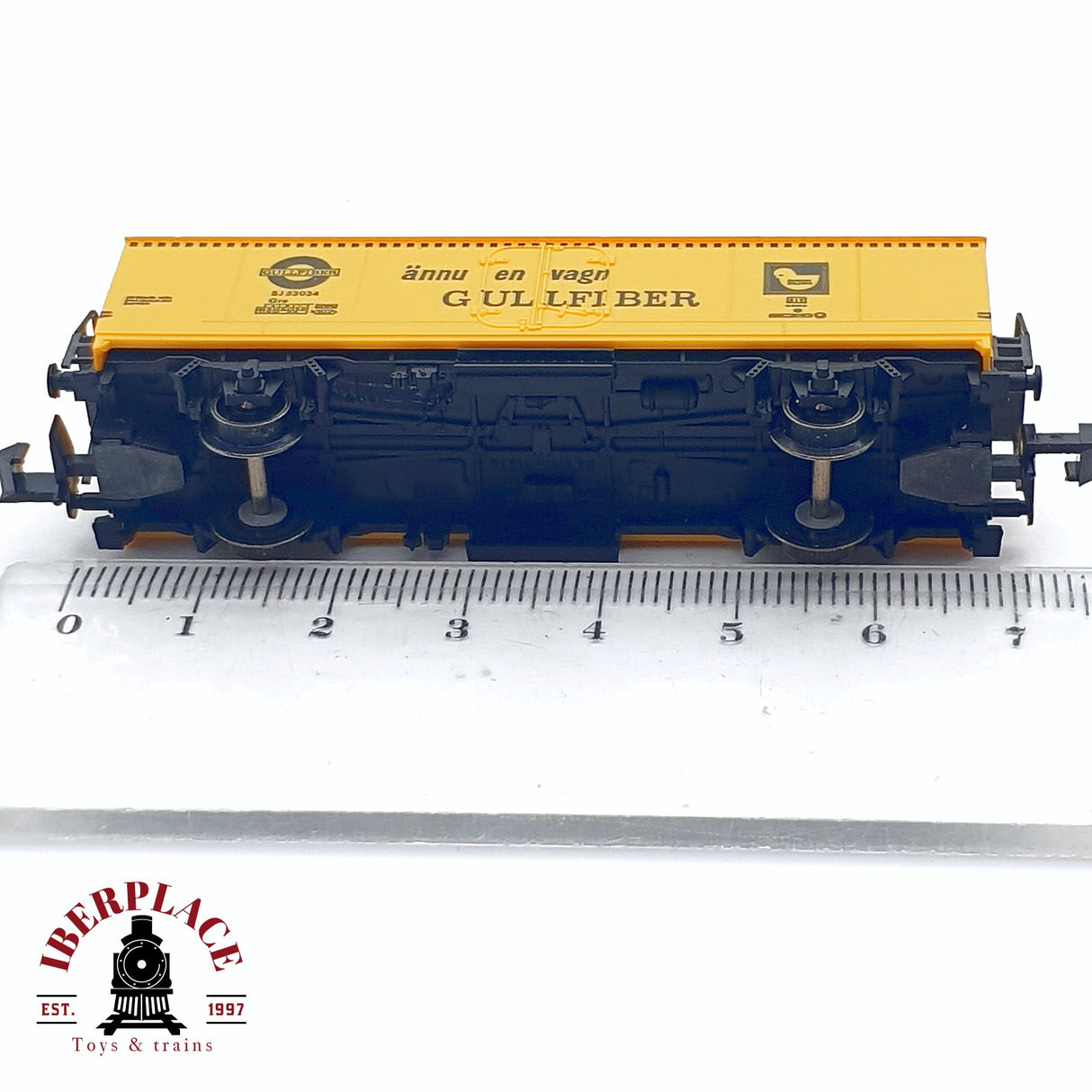 ♻️ 2da mano - Fleischmann 8323 vagón cerrado Gullfiber  SJ 53034 amarillo N escala 1:160