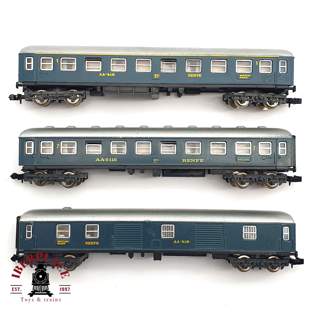 ♻️ 2 mano - Ibertren 3x vagones pasajeros y equipajes RENFE N escala 1:160 AN07