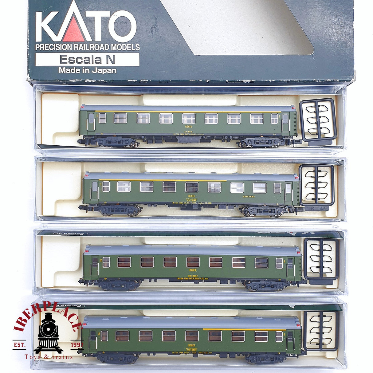 ♻️ 2 mano - KATO 107-1200 set 4 coches pasajero 1-2 clase / cafeteria RENFE N escala 1:160 AN08