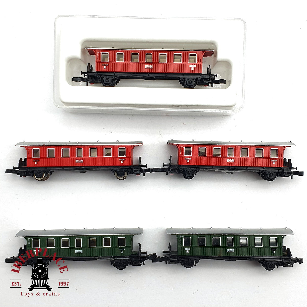 ♻️ 2 mano - Märklin 5x 8701 vagones pasajero verde y rojo Z escala 1:220 EZ07
