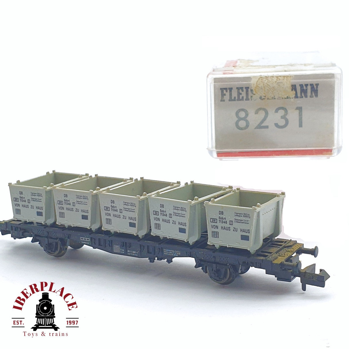 ♻️ 2 mano - Fleischmann 8231 vagón portacontenedores DB N escala 1:160 TEN06