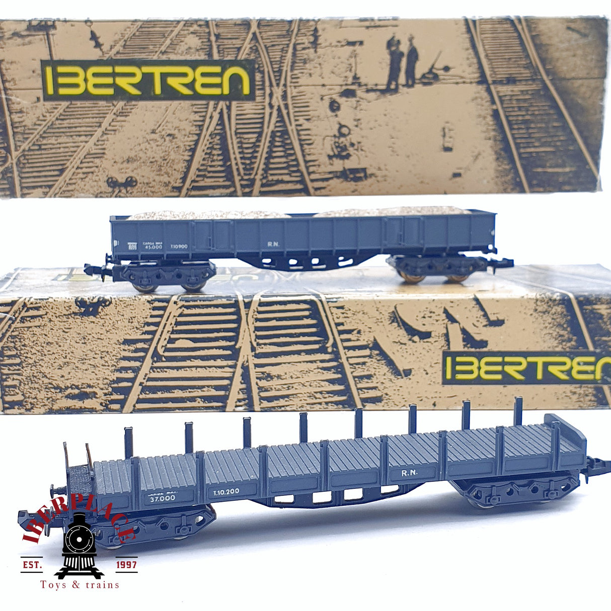 ♻️ 2da mano -  2x IBERTREN vagones telero y borde alto RENFE RN Gris N escala 1:160