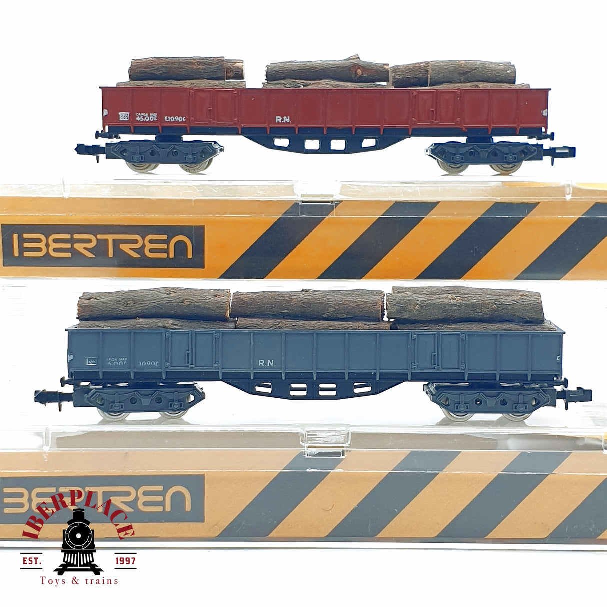 ♻️ 2da mano -  2x IBERTREN vagones de borde alto con troncos de madera RENFE N escala 1:160